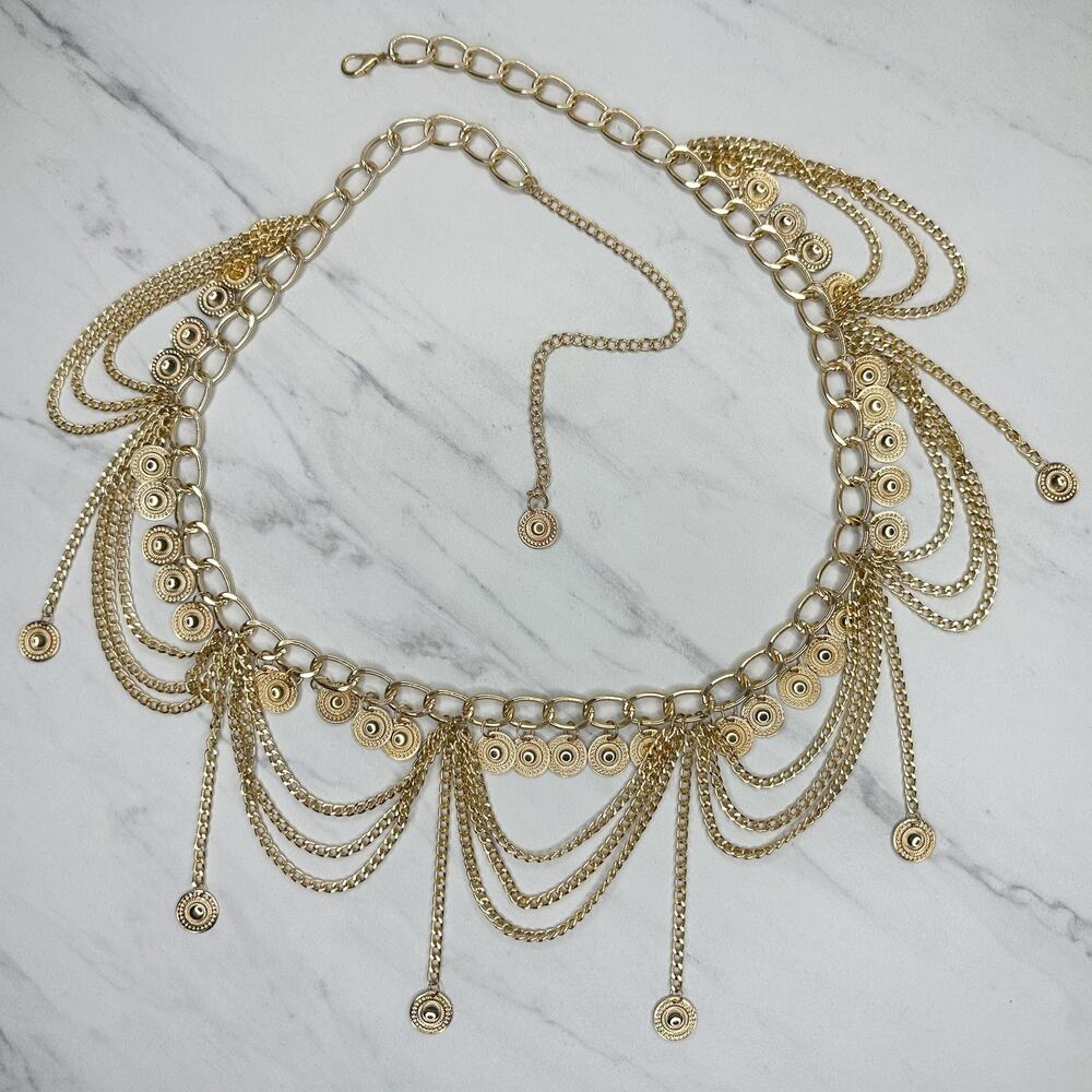 Gold Tone Draped Chain Belt Coin Disc Charm Fringe One Size (OS) ✨